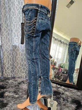 VO Deluxe Virgin Only Y2K Moto Jeans Rhinestone Chain Size 26 - NWT Rare